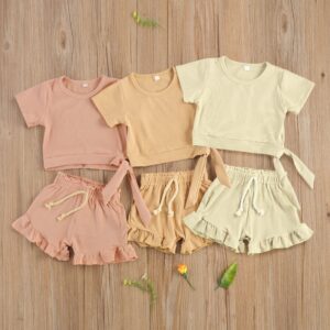 Baby Girls Simple Solid Color Round Neck Short Sleeve Lace-up T-Shirt And Elastic Shorts Set