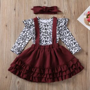 Baby Girls Basic Round Neck Long Sleeve Ruffled Leopard Romper And Suspender Skirt With Headband