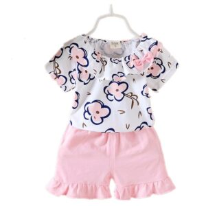 Kids Girls Basic Flower Pattern Short Sleeve T-Shirt And Elastic Shorts Set
