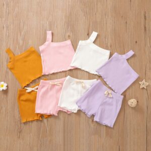 Baby Girls Simple One Shoulder Solid Color Knit Sleeveless Vest Tops And Elastic Shorts Set