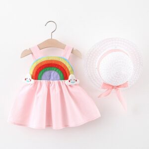 Baby Girls Cute Rainbow Pattern Backless Slip Dress With Hat