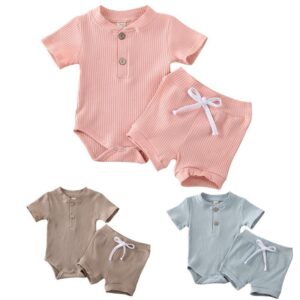 Baby Simple Solid Color Round Neck Short Sleeve Ribbed Romper And Elastic Shorts Set