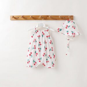 Baby Girls Cute Fruit Cherry Floral Sun All Over Print Romper With Hat Set