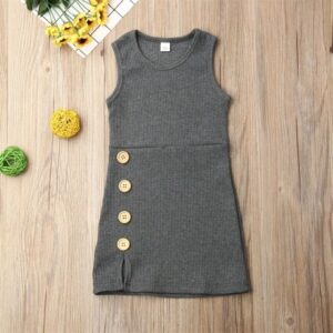 Girls Basic Solid Color Round Neck Sleeveless Button Knit Plain Dress