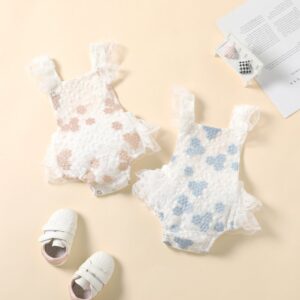 Baby Girls Basic Lace Square Neck Sleeveless Button Ruffled Romper