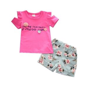 Girls Basic Round Neck Short Sleeve Letter Flower Design T-Shirt And Floral Shorts Set