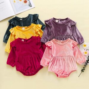 Girls Basic Solid Color Round Neck Long Sleeve Velvet Romper