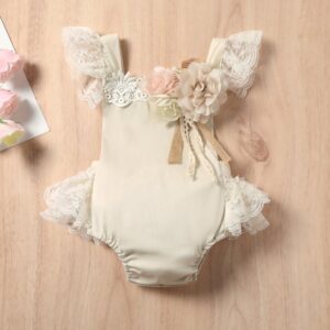 Baby Girls Cute Ruffled Fly Sleeve Flowers Lace Solid Color Backless Romper
