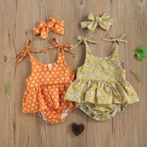 Baby Girls Casual Floral All Over Print Round Neck Sling Romper With Bow Headband