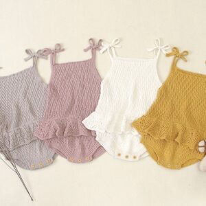 Baby Girls Basic Solid Color Ruffled Knitted Strap Romper