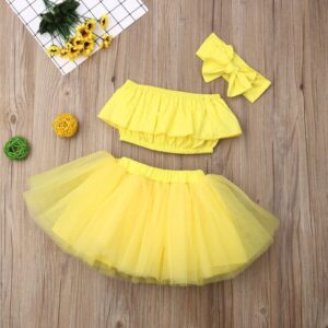 Baby Girls Solid Color Ruffled Camisole And Mesh Fluffy Skirt With Headband Set