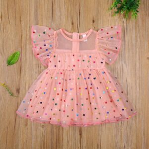 Baby Girls Sweet Round Neck Short Sleeve Colorful Polka Dot Ruffled Mesh Dress