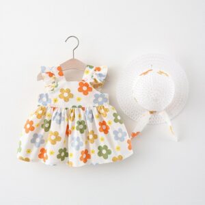 Girls Sweet Square Neck Flower All Over Print Dress With Hat Set