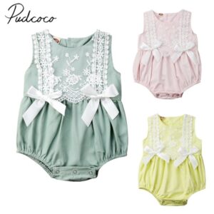 Baby Girls Cute Round Neck Sleeveless Lace Flower Bow Decor Romper