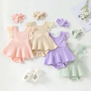 Baby Girls Simple Candy Solid Color Round Neck Lace Sleeve Design Romper With Headband Set
