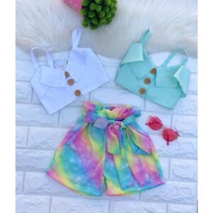Kids Girls Casual Sleeveless Ruffled Vest Tops And Bowknot Tie-dye Shorts Set