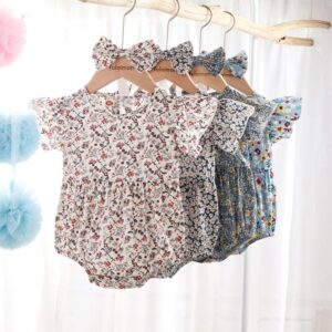 Girls Cute Round Neck Ruffled Sleeve Floral All Over Print Romper With Headband Set
