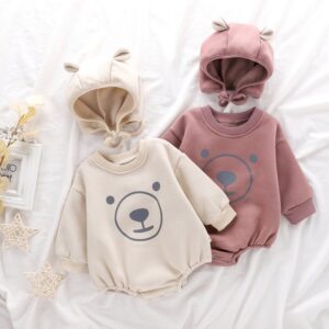 Baby Casual Cartoon Bear Pattern Round Neck Long Sleeve Plush Romper With Hat Set