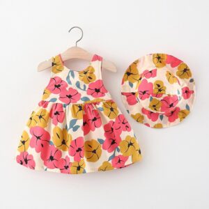 Girls Cute Flower All Over Print Sleeveless Bow Decor Dress With Hat