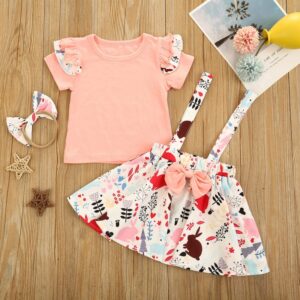 Girls Easter Round Neck Short Sleever Stringy Selvedge T-Shirt And Rabbit Suspender Skirt With Headband Three-piece Set