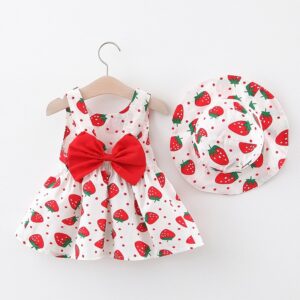 Baby Girls Cute Strawberry Polka Dot Bow Decor Sleeveless Dress With Hat Set