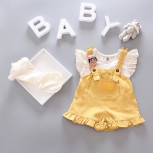 Baby Girls Basic Round Neck Short-sleeved Stringy Selvedge T-Shirt And Suspender Trousers Set
