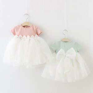 Baby Girls Round Neck Short Sleeve Big Bow Mesh Spliced Fluffy Dress