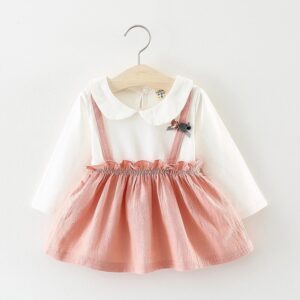 Girls Basic Lapel Long-sleeved Spliced Dress