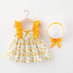 Baby Girls Cute Stringy Selvedge Floral All Over Print Dress With Hat