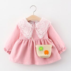 Baby Girls Cute Lace Lapel Long Sleeve Dress With Bag