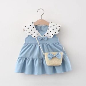 Girls Cute Polka Dot Pleated Design Dress With Bag