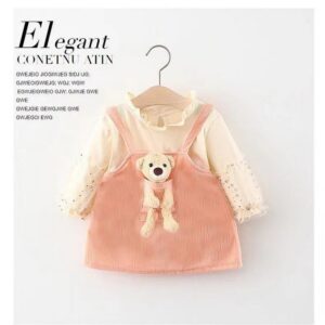 Girls Cute Lomg Sleeve Fake Two-piece Pocket Cartoon Bear Dress