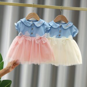 Girls Cute Embroidery Doll Collar Short Sleeve Bow Decor Mesh Dress