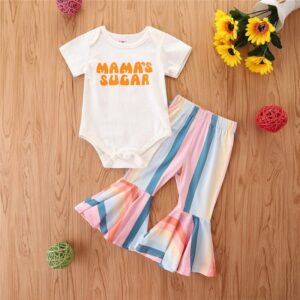 Girls Casual Short-sleeved Letter Pattern Romper And Striped Flared Pants Two-piece Set