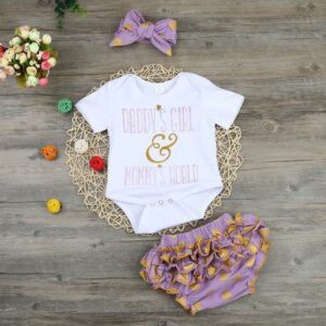Baby Girls Round Neck Short Sleeve Letter Pattern Romper And Polka Dot Ruffled Shorts With Headband Set