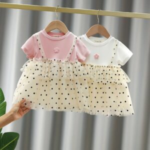 Baby Girls Cute Round Neck Short Sleeve Mesh Polka Dot Dress
