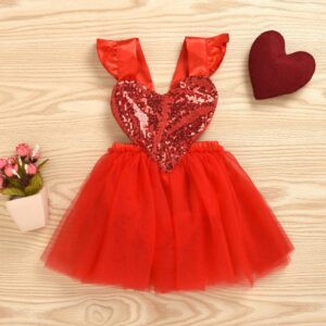 Girls Sweet Red Stringy Selvedge Sleeve Heart Sequin Mesh Party Dress