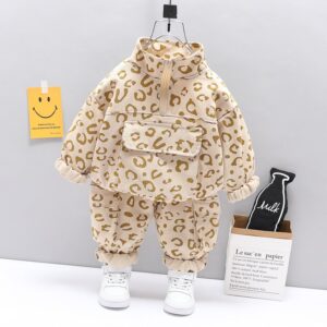 Baby Fashion Leopard Long Sleeve Pocket Design Top And Pants Two-piece Set