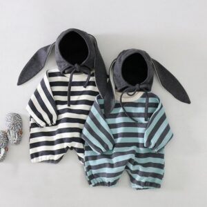 Baby Basic Striped Romper With Rabbit Ear Design Hat