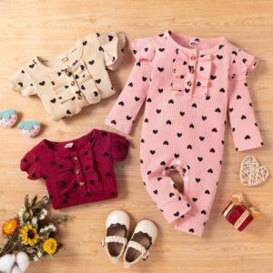 Baby Girls Round Neck Long Sleeve Stringy Selvedge Heart Pattern Jumpsuit