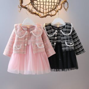 Baby Girls Sweet Plaid Mesh Spliced Dress And Doll Collar Lace Design Coat Set