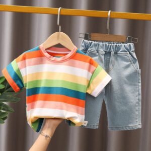 Kids Basic Rainbow Stripe Short-sleeved T-Shirt And Denim Shorts Two-piece Set