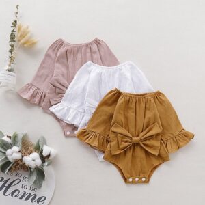 Girls Summer Casual Flare Long-sleeved Round Neckline Bow-knot Decoration One Piece