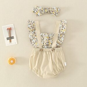Girls Fashion Stringy Selvedge Design Floral Spliced Romper With Headband