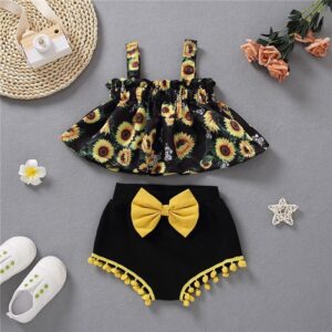 Girls Fashion Sunflower Pattern Elastic-strap Tops And Shorts Set