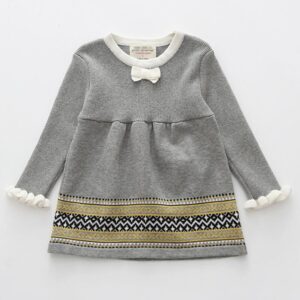 Girls Cute Bow Decor Line Design Long-sleeves Dress