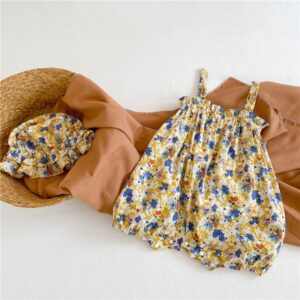 Girls Fashion Floral Romper With Bucket Hat