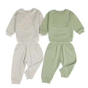 Baby Casual Solid Color Rainbow Pattern Round Neck Long Sleeve Sweatshirt And Sweatpants Set