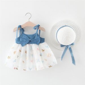 Girls Fashion Bowknot Design Denim Mesh Patchwork Dress With Hat