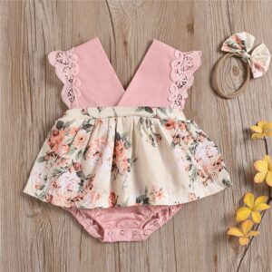 Girls Cute Sleeveless Lace Design Romper With Headband Set